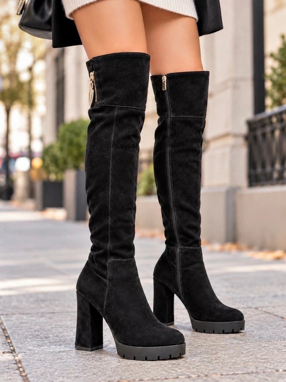 Black Suede Over the Knee Platform Boots Size 38 Block Heel